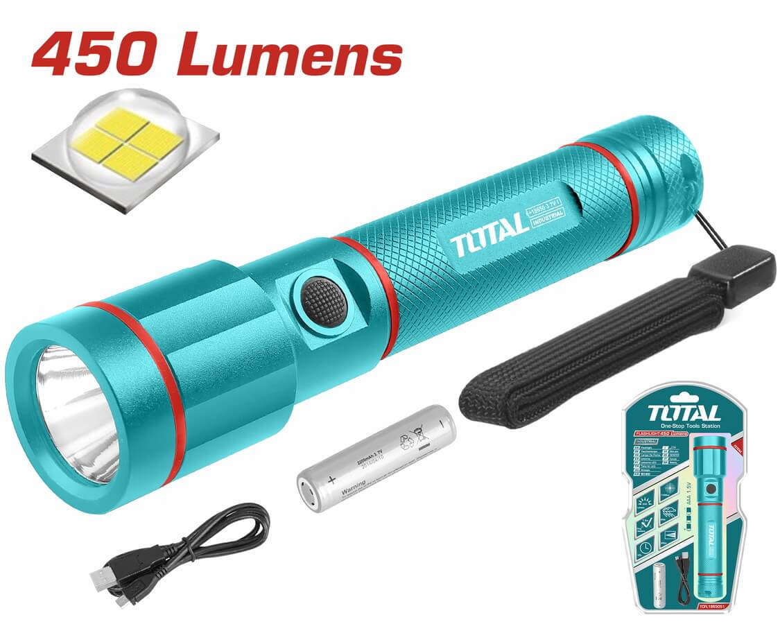 TOTAL Φακός LED επαναφορτιζόμενος λιθίου 50-450 Lumens (TCFL1865051)